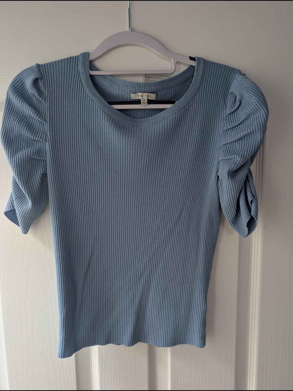 Ribbed Puff Sleeve Top - Light Blue